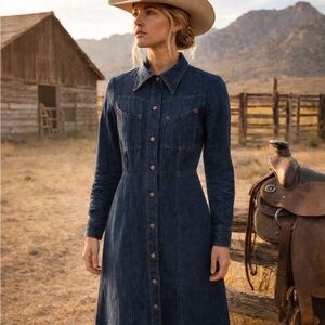 Custom Denim Dress S Pocket Ranch Wear Prairie Western Boho Cowgirl Vintage